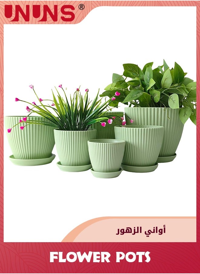 UNUNS 6 Pack Plastic Flower Pot,Plant Planters With Drainage Holes And Trays For Indoor Plants,Outdoor Planter Pot,6 Different Sizes,Resin Decorative Garden Pots Planters,Green  - Image 1