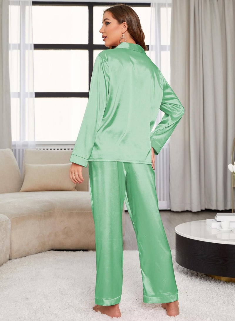 Loquat Women's Solid Color 2-Piece Set Pajamas Long Sleeve Lapel Top And Pants Soft Loungewear Nightgown Suit Leisure Wear Green  - Image 3
