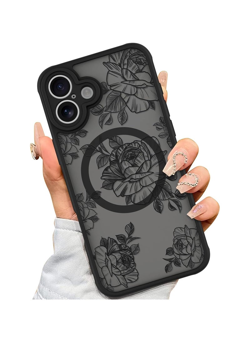 عام غطاء iPhone 16 [متوافق مع MagSafe] بتصميم زهري أسود، حافظة نسائية من TPU ناعم مضادة للصدمات، خلفية صلبة مضادة للصدمات، حافظة واقية نحيفة مغناطيسية - Image 1