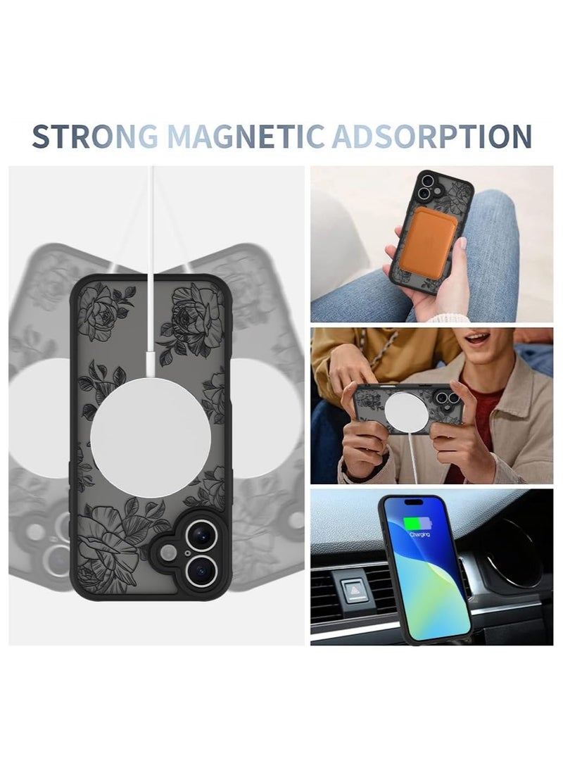 عام غطاء iPhone 16 [متوافق مع MagSafe] بتصميم زهري أسود، حافظة نسائية من TPU ناعم مضادة للصدمات، خلفية صلبة مضادة للصدمات، حافظة واقية نحيفة مغناطيسية - Image 2