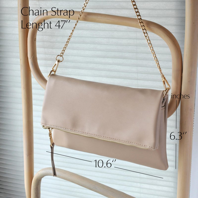 Hoxis Women's Zipper Foldover Clutch Vegan Leather Envelope Cross body Bag with Chain Strap (Nude) - Image 4
