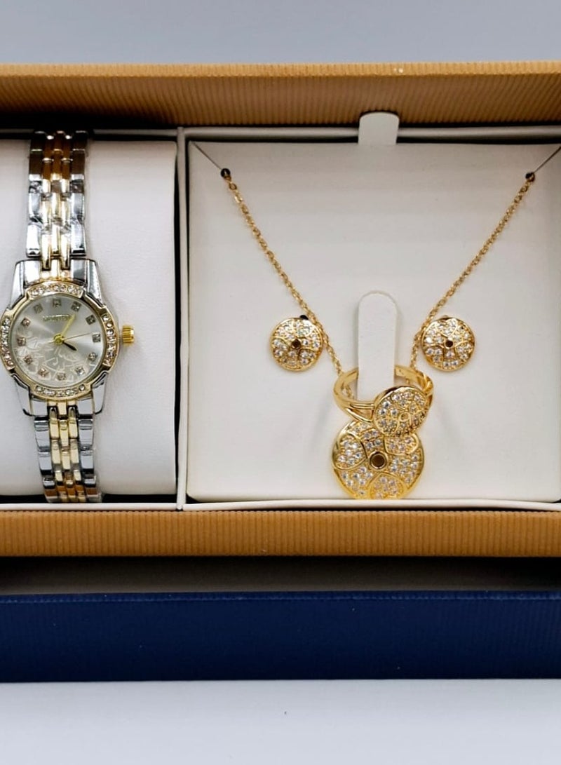 مونتيرا طقم ساعة يد بعقارب وطقم مكون من السلسال والحلق والخاتم للنساء