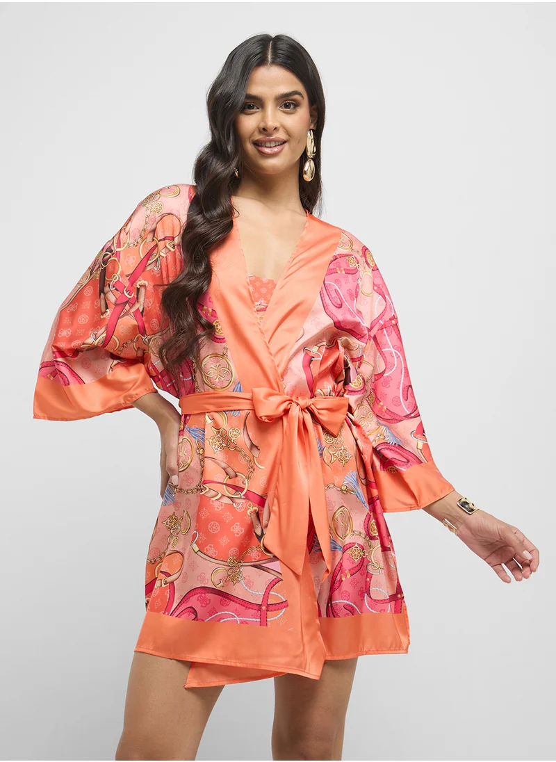 جس Printed Tie Detailed Kimono