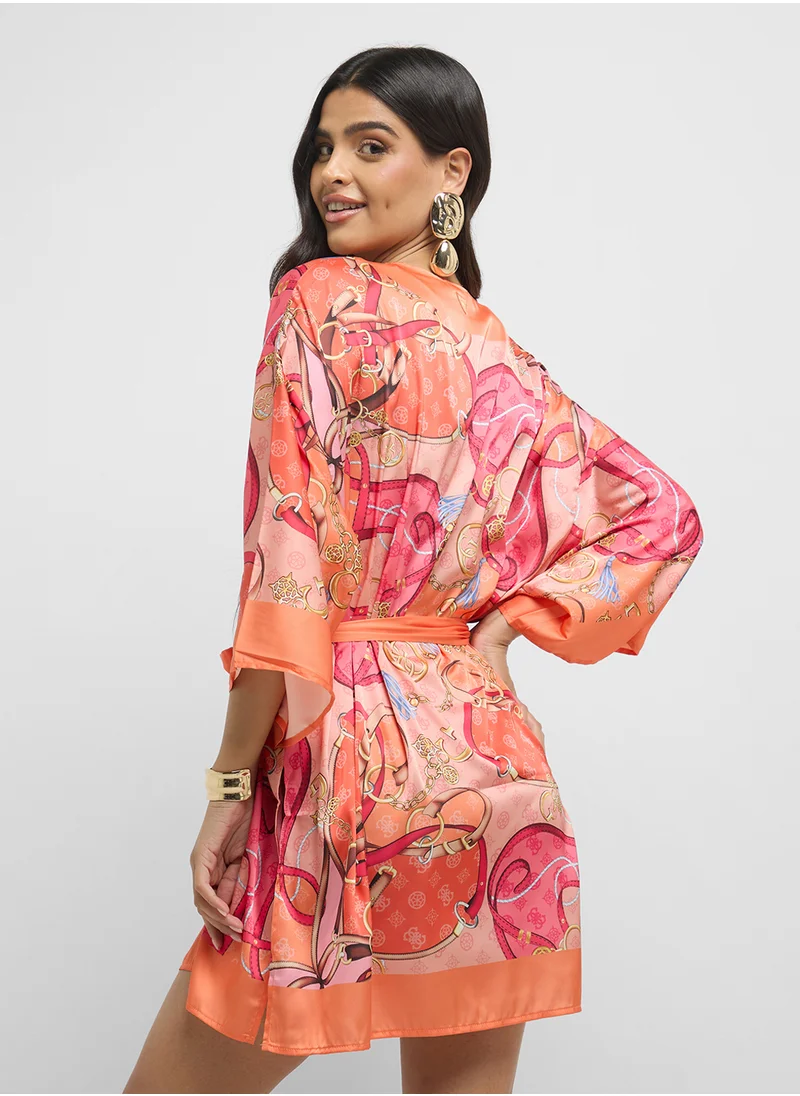 جس Printed Tie Detailed Kimono