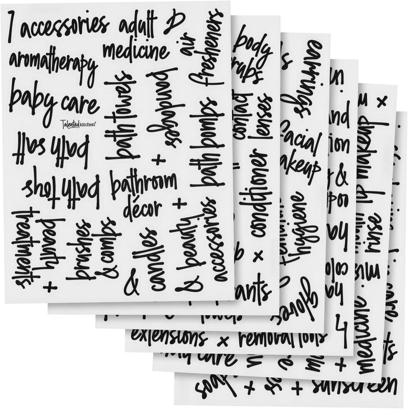 Talented Kitchen 192 Preprinted Bathroom Labels for Containers - Black Script Stickers for Organizer Bins, Bath, Beauty Canisters, and Makeup Storage Organization (Water Resistant)