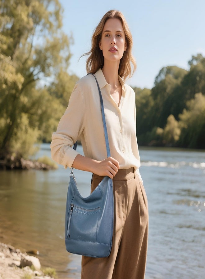 بيفن حقيبة كروسبودي من الجلد الطبيعي للنساء من بيفن، حقيبة يد جلدية ناعمة وخفيفة الوزن مع حزامين قابلين للإزالة، لون أزرق، مقاس واحد - Image 2