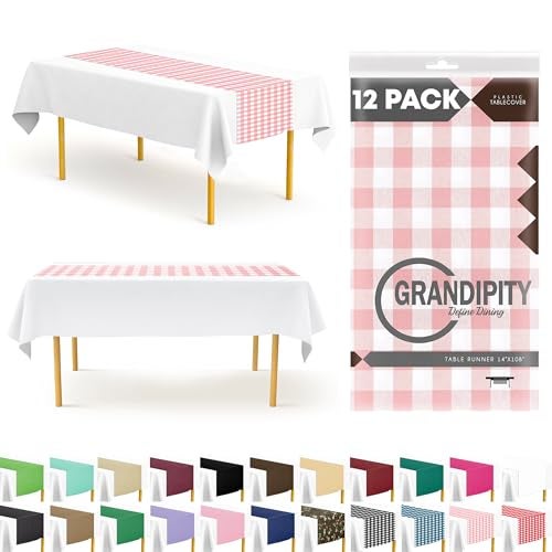 Pink Checkered Gingham 12 Pack Premium Disposable Plastic Table Runner 14 x 108 Inch Table Runner for Dinner Parties  Events by Grandipity