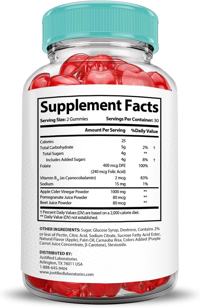 Justified Laboratories جستيفيد لابوراتوريز كيتوسوفي كيتو ACV جوميز تركيبة متقدمة 1000 ملغ كيتوسوفي كيتو جوميز خل التفاح مصنوعة من مسحوق عصير الرمان والبنجر B12 نباتي غير معدل وراثيًا 60 جوميز - Image 2