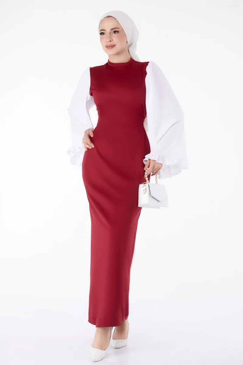 Tofisa Plain Judge Collar Women's Burgundy Spanish Sleeve Detail Dress - 13195