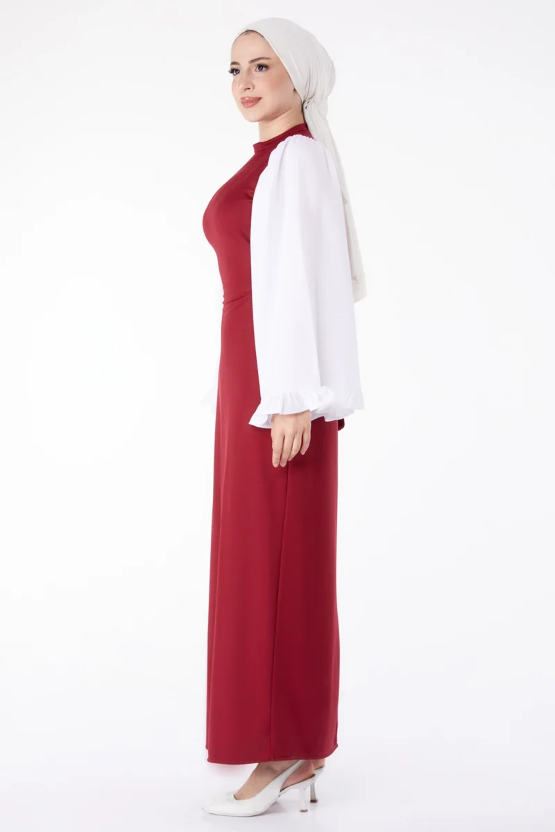 Tofisa Plain Judge Collar Women's Burgundy Spanish Sleeve Detail Dress - 13195