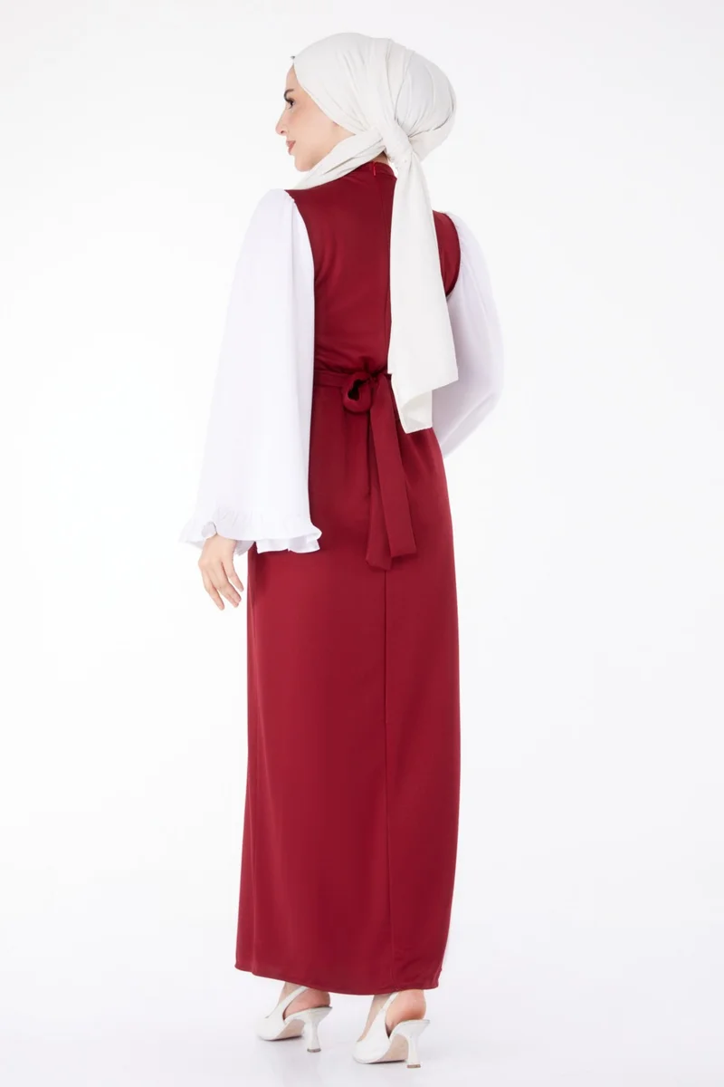Tofisa Plain Judge Collar Women's Burgundy Spanish Sleeve Detail Dress - 13195
