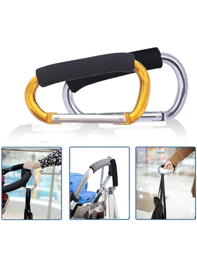 Newraturner Large Stroller Hooks for Mommy, 2 pcs Carabiner Stroller Hook Organiser for Hanging Purses, Nappy Bag, Shopping Bags. Clip Fits Single/Twin Travel Systems, Car Seats and Jo (Silver+Golden Yellow) - Image 1