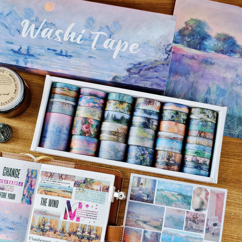 Bomichi 34 Rolls Washi Tape, Aesthetic Colored Decorative Cute Scrapbook Tape for Scrapbooking Supplies Journaling Craft Junk Journal - Image 2