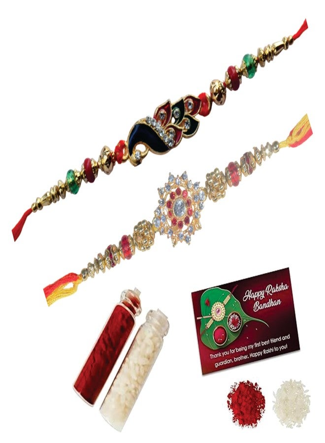 كارتك مجموعة KARTIK Peacock Rakhi for Bhaiya & Bhabhi مكونة من قطعتين مع زجاجات رولي شوال وبطاقة تهنئة - Image 1