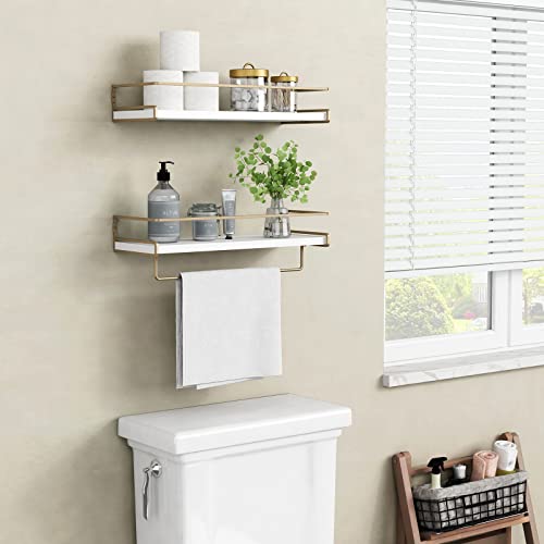 Forbena Floating Bathroom Shelves Wall Mounted, Aesthetic White and Gold Shelves for Bathroom Accessories, Modern Bathroom Organizer with Tower Bar for Wall Decor Storage Small Spaces, Set of 2 - Image 3