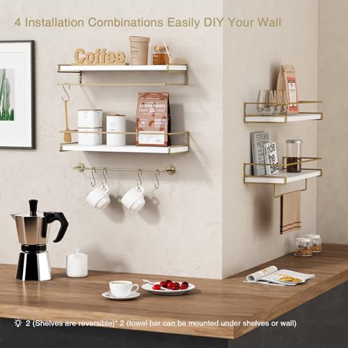 Forbena Floating Bathroom Shelves Wall Mounted, Aesthetic White and Gold Shelves for Bathroom Accessories, Modern Bathroom Organizer with Tower Bar for Wall Decor Storage Small Spaces, Set of 2 - Image 5