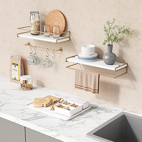 Forbena Floating Bathroom Shelves Wall Mounted, Aesthetic White and Gold Shelves for Bathroom Accessories, Modern Bathroom Organizer with Tower Bar for Wall Decor Storage Small Spaces, Set of 2 - Image 2