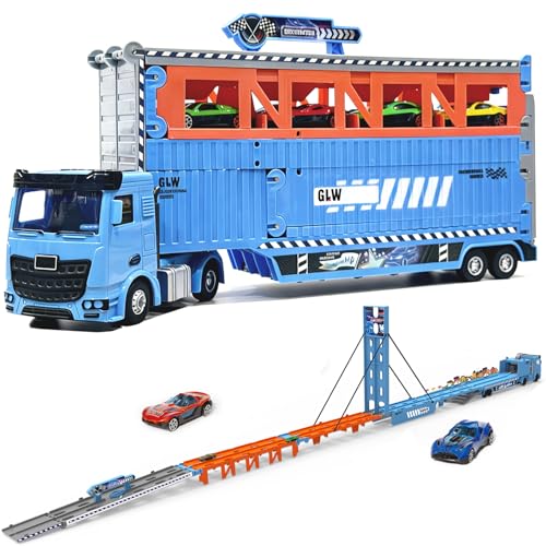 GLW 78 Inch Foldable Extended Carrier Truck Race Track Playset with Portable Storage Box 8 DieCast Cars MultiFunctional Transport Truck Toys for Toddlers Ages 38 - Image 1