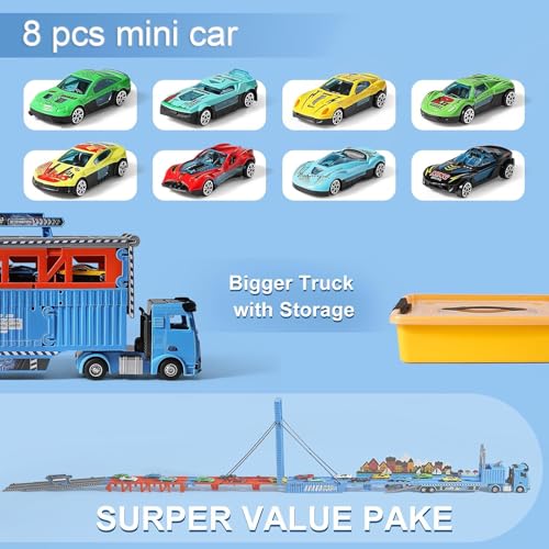 GLW 78 Inch Foldable Extended Carrier Truck Race Track Playset with Portable Storage Box 8 DieCast Cars MultiFunctional Transport Truck Toys for Toddlers Ages 38 - Image 5