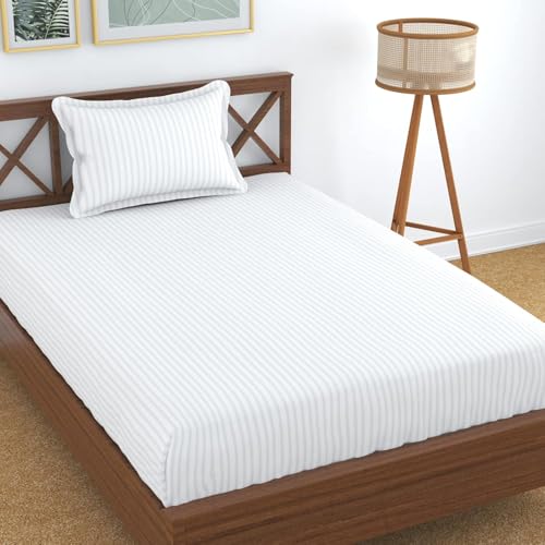 Blue Strip 220 TC Glace Cotton Satin Stripes Plain Stripe Bedsheet for Single Bed with 1 Pillow Cover for Home/Hotels/Guest House,Size-60x90 Inches(Flat) - Image 1
