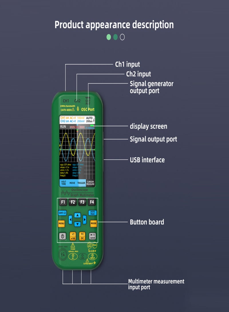 BSIDE 3in1 Handheld Graph Multimeter Oscilloscope Signal Source 3.98-inch TFT IPS Display Voltage Current Capacitance Frequency Resistance Continuity Diode Tester 25Mhz Bandwidth 250MSa/s Sampling - Image 2
