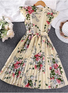 Generic Kids Dress 5-12 Years Girls Floral Print Dress Ruffled Cap Sleeve Chiffon Dress Summer Girls Beige Color Elegant Vintage style Dress  - Image 1
