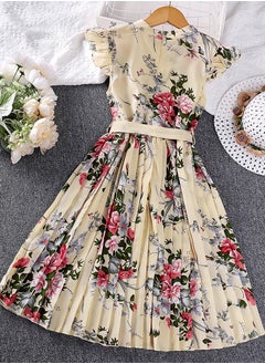 Generic Kids Dress 5-12 Years Girls Floral Print Dress Ruffled Cap Sleeve Chiffon Dress Summer Girls Beige Color Elegant Vintage style Dress  - Image 2
