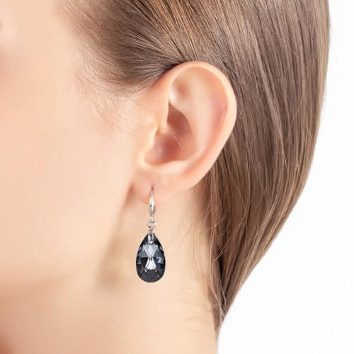 EVEVIC Austrian Crystal Teardrop Dangle Hook Earrings for Women 14K Gold Plated Hypoallergenic Jewelry (Grey-Black) - Image 2