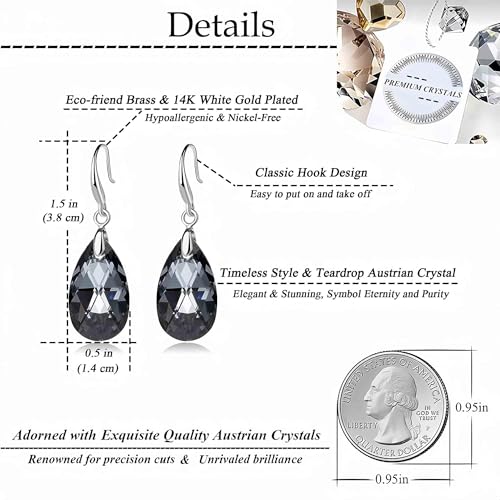 EVEVIC Austrian Crystal Teardrop Dangle Hook Earrings for Women 14K Gold Plated Hypoallergenic Jewelry (Grey-Black) - Image 4