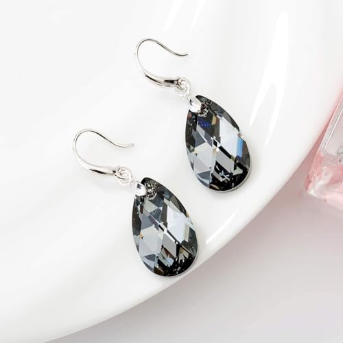 EVEVIC Austrian Crystal Teardrop Dangle Hook Earrings for Women 14K Gold Plated Hypoallergenic Jewelry (Grey-Black) - Image 3