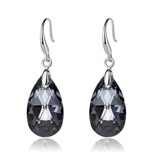 EVEVIC Austrian Crystal Teardrop Dangle Hook Earrings for Women 14K Gold Plated Hypoallergenic Jewelry (Grey-Black) - Image 1