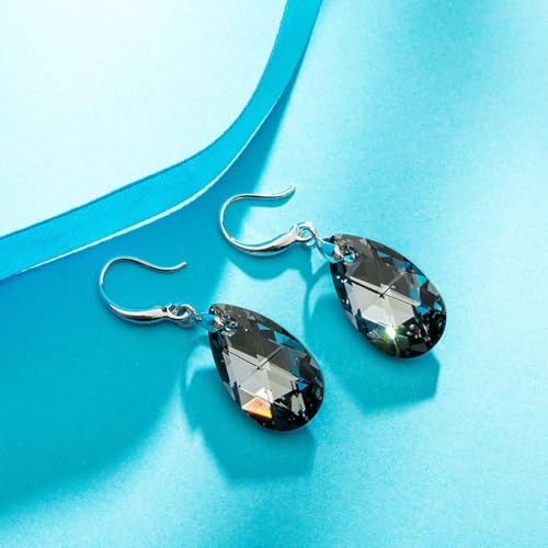 EVEVIC Austrian Crystal Teardrop Dangle Hook Earrings for Women 14K Gold Plated Hypoallergenic Jewelry (Grey-Black) - Image 5