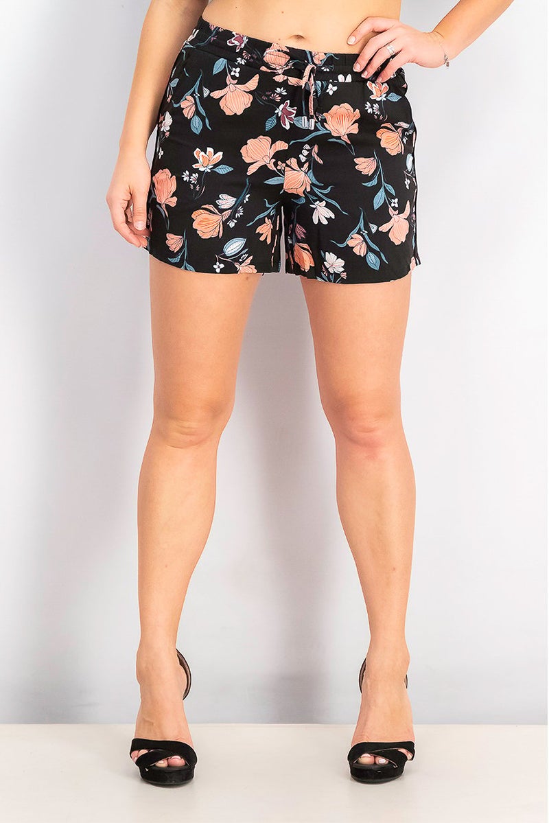 EDC Women Floral Print Drawstring Shorts, Black - Image 1