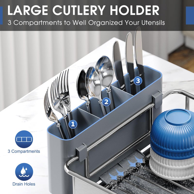 Urackify Stainless Steel Dish Drying Rack - Large Capacity Kitchen Counter Organizer with Drain Board, Utensil Holder & Detachable Cup Shelf, 304 Surgical-Grade Rust-Proof Dish Drainer, Easy Assembly - Image 3