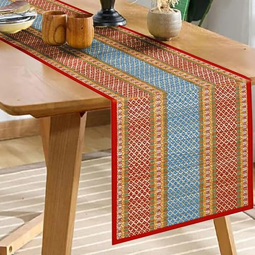 KalaTree Table Runner for 6 Seater Dining Table Centre Table 60 inch Handmade Reversible Heat Resistant | Korai River Grass Zero Plastic Madurkathi Eco Friendly | Rustic Boho | Red and Blue Runner - Image 1