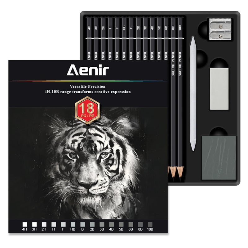 Aenir Sketch Pencils for Drawing, Drawing Pencils Set of 18, 10Bâ€“4H Graphite Pencil, Vinyl Eraser, Kneaded Eraser, Sharpener, Blending Stump,Sketch Set for Artists, Art Supplies. - Image 1