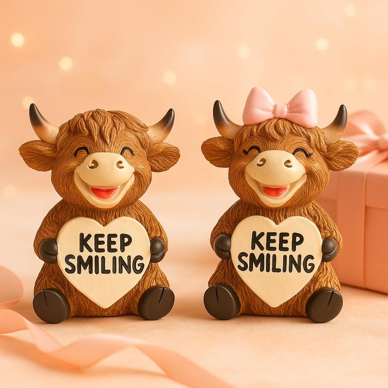 iStatue 2-Pack Highland Cow Resin Figurine 3.6 Inch â€“ Cute Keep Smiling Gift for Christmas, Valentineâ€™s Day, Birthday, Friendship Desk Decor & Home Display (Brown Highland Cow) - Image 1
