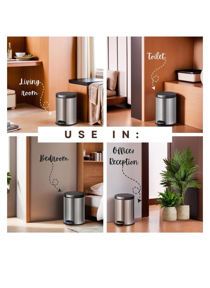 WT-EASYCARE 12L Stainless Steel Trash Bin – Removable Plastic Bucket, Soft Close & Stay-Open Lid, Strong Pedal, Odor Control, Non-Skid Base, Anti-Fingerprint – Ideal for Home, Office, Bedroom & Events  - Image 5