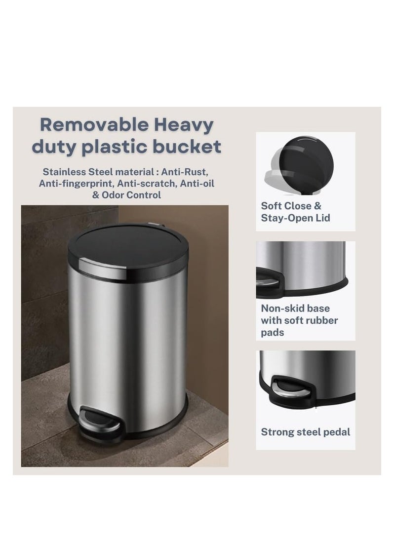 WT-EASYCARE 12L Stainless Steel Trash Bin – Removable Plastic Bucket, Soft Close & Stay-Open Lid, Strong Pedal, Odor Control, Non-Skid Base, Anti-Fingerprint – Ideal for Home, Office, Bedroom & Events  - Image 4