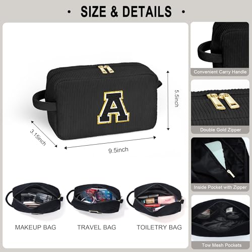 YOOLIFE Women Gifts Travel Makeup Bag - Initial Cosmetic Bag Cute Makeup Bag Travel Essentials Makeup Brush Bag Small Black Girls Makeup Bag Personalized Gifts for Women Her Teen Girl Black Letter A - Image 2