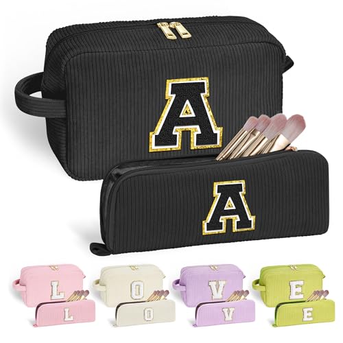 YOOLIFE Women Gifts Travel Makeup Bag - Initial Cosmetic Bag Cute Makeup Bag Travel Essentials Makeup Brush Bag Small Black Girls Makeup Bag Personalized Gifts for Women Her Teen Girl Black Letter A - Image 1