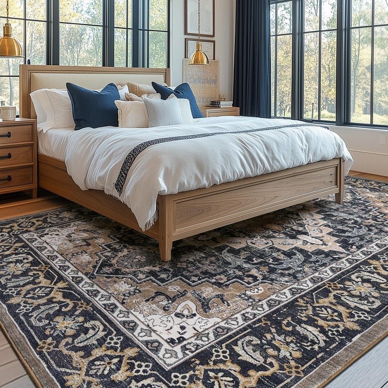 Lessymo 8 x 10 Area Rugs for Living Room, Machine Washable Area Rugs Boho Faux Wool Low Pile Area Rug for Bedroom, Floral Medallion Vintage Rugs with Non-Slip Rubber, Kid & Pet Friendly,Black Brown - Image 2