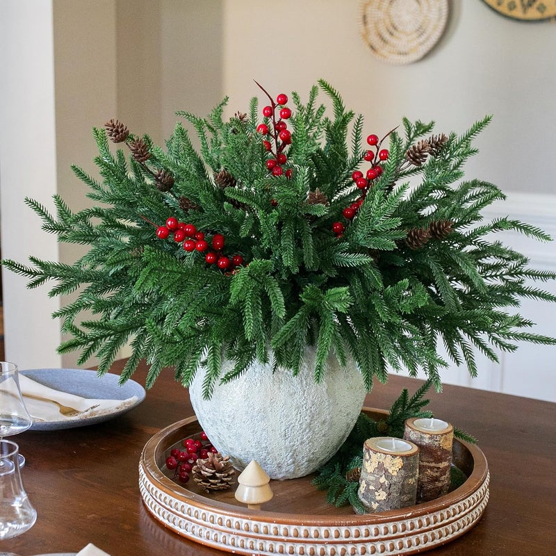 florisso Artificial Christmas Norfolk Pine Stems Branches for Vases,17 Bundles Faux Pine Branches with Pinecones and Red Berries Branches,Fake Greenery Evergreen Real Touch for Holiday Winter Table Xmas Décor - Image 2