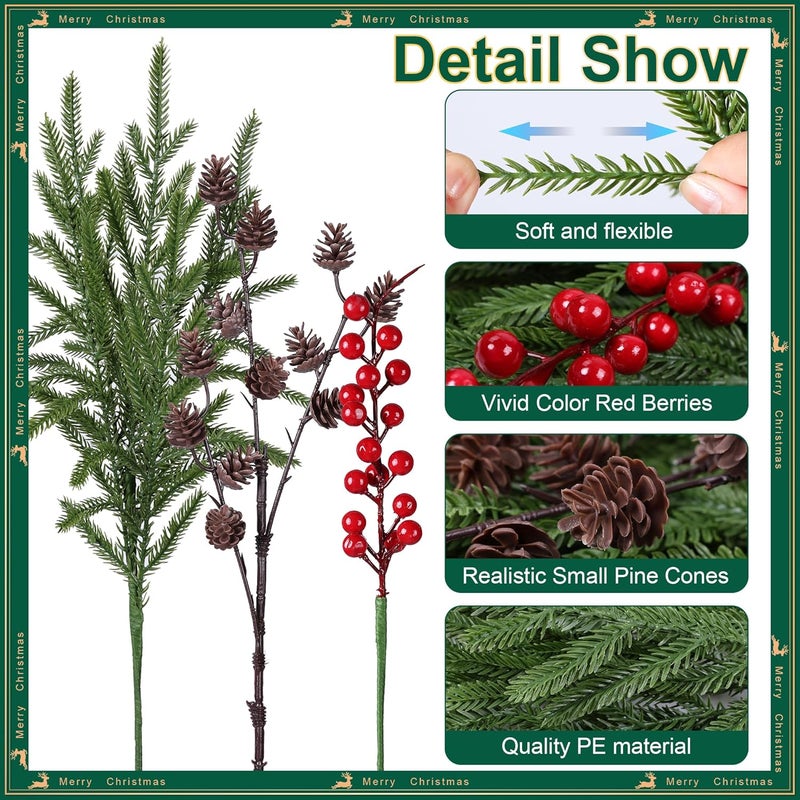 florisso Artificial Christmas Norfolk Pine Stems Branches for Vases,17 Bundles Faux Pine Branches with Pinecones and Red Berries Branches,Fake Greenery Evergreen Real Touch for Holiday Winter Table Xmas Décor - Image 5