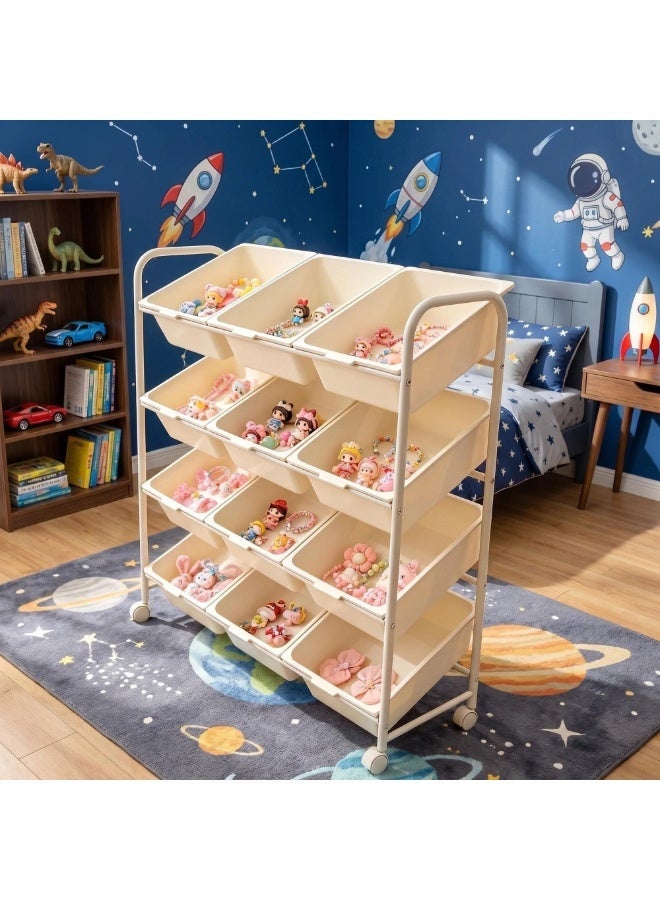 moon-life1 Kids Toy Organizer with 12 Removable Storage Bins & Wheels, Multi-Tier Storage Shelf, Playroom & Bedroom Furniture (White) - Image 2
