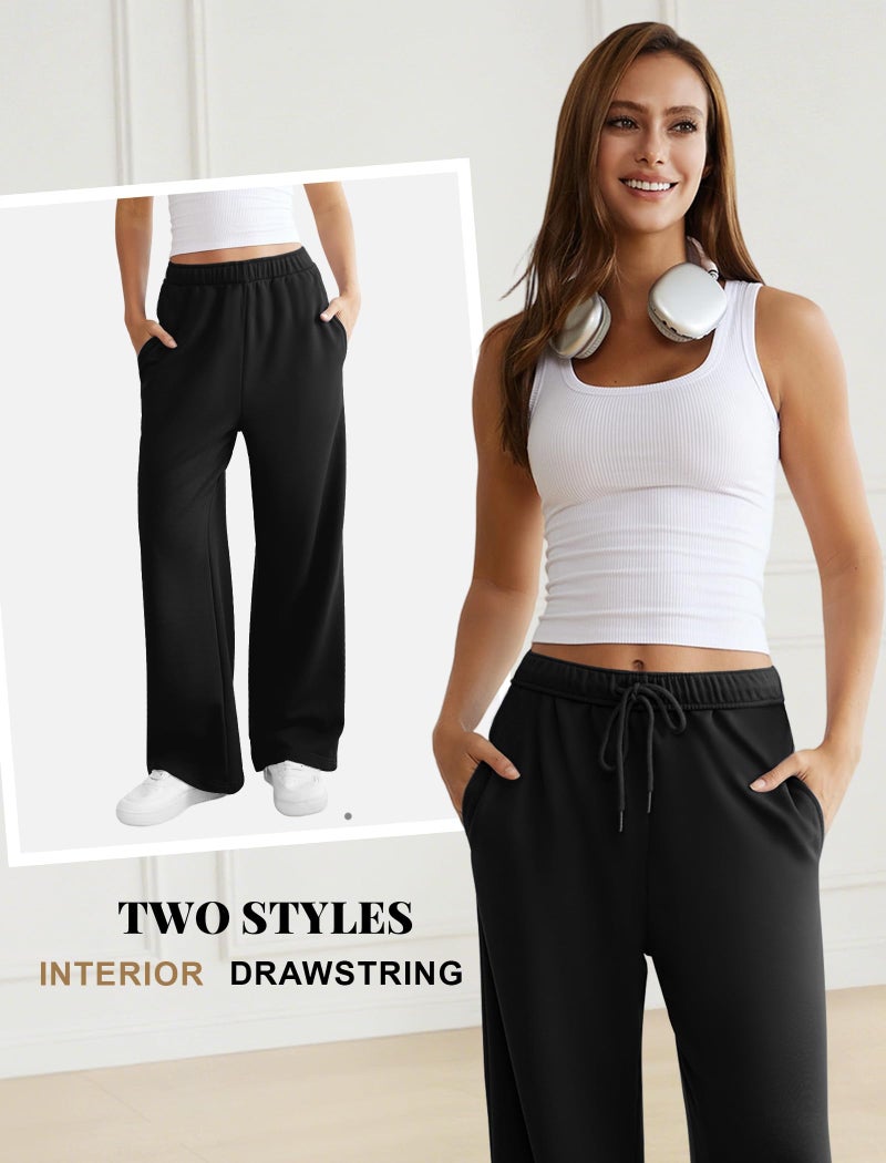 DLOODA Womens Wide Leg Sweatpants Interior Drawstring Baggy Sweat Pants with Pockets Elastic Waisted Lounge Casual Trousers Black - Image 4