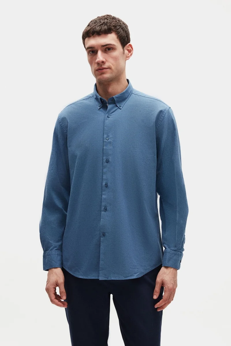 دي أس دامات D'S Groom Ds Groom Comfort Indigo Button-down Collar Relaxed Cut Linen Look Cotton Shirt 2HC02ORT64265