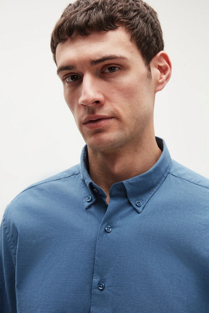 دي أس دامات D'S Groom Ds Groom Comfort Indigo Button-down Collar Relaxed Cut Linen Look Cotton Shirt 2HC02ORT64265