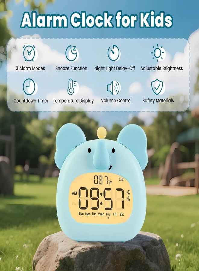 Aokpsrt Elephant Alarm Clock with Night Light for Kids – Cute Digital Sleep Trainer with LED Display, 3 Alarms, Countdown Timer, Adjustable Brightness – Rechargeable Bedside Clock for Boys and Girls - Image 2