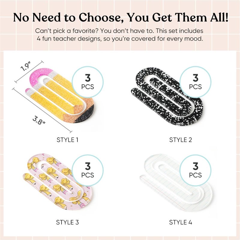 YOPPIX 12 Pcs Jumbo Teacher Acrylic Paper Clips Teacher Appreciation Cute Penci Paperclip Design for Office Classroom Bookmark Gift Book Lovers, Back to School Supplies - Image 2